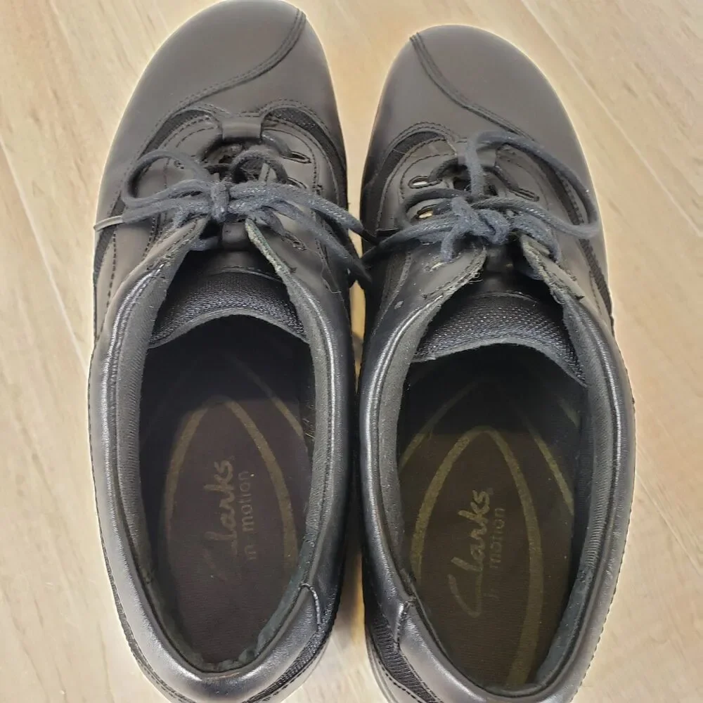 Clarks In Motion Rock Black Leather Secure Lace-Up Walking Shoes Size 9M